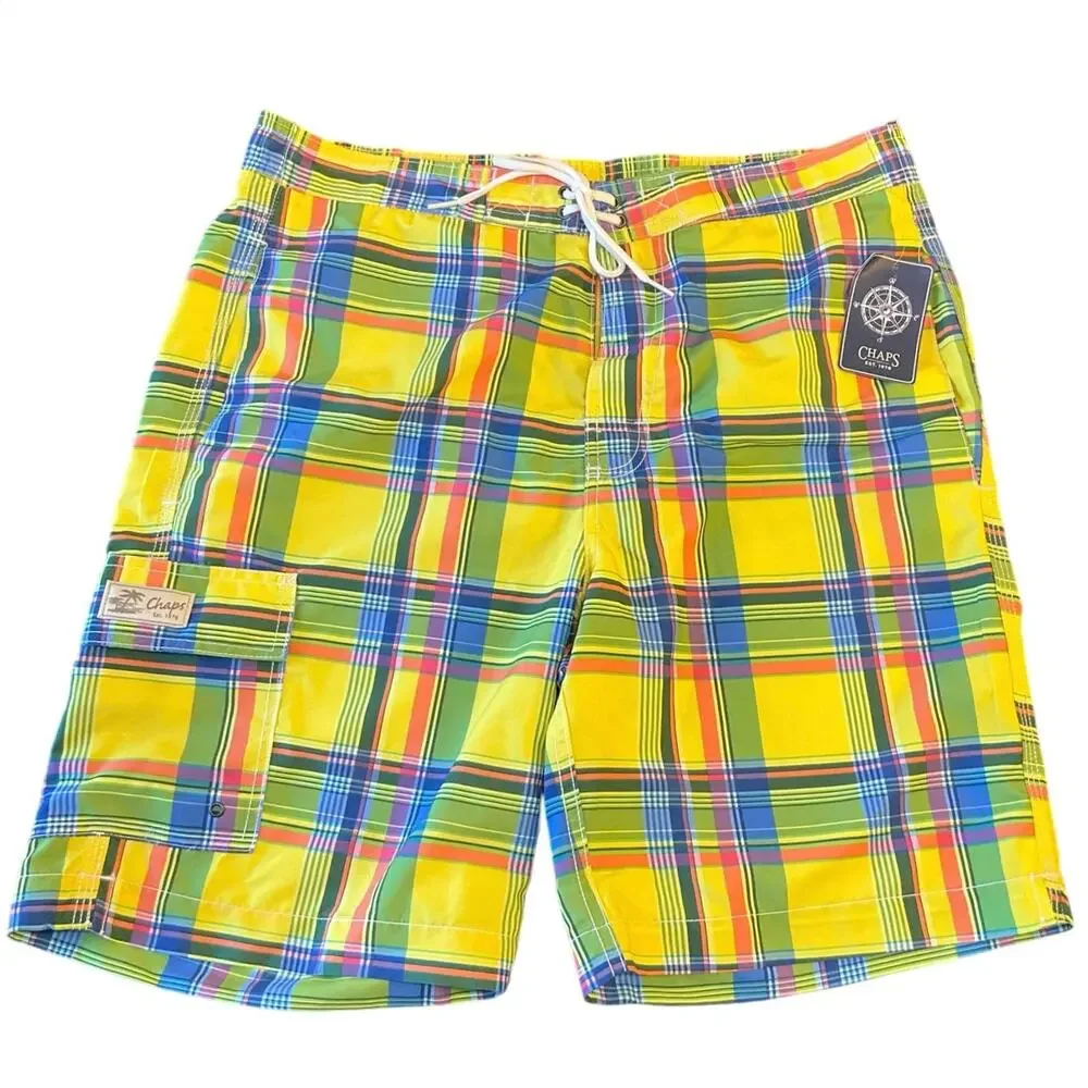 Chaps Plaid Swim Trunks Men’s Medium Bright Madras Board Shorts Yellow Blue NWT